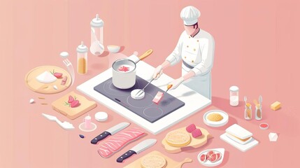 Isometric illustration of a chef cooking in a kitchen with ingredients.