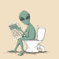 Wall Mural - an alien sits on the toilet and reads a newspaper