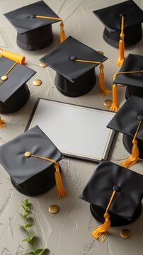 Graduation caps and diplomas arranged on a light background with green leaves, symbolizing academic achievement and celebration