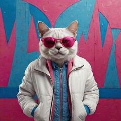 illustration of a fantasy character with a cat head in sunglasses and headphones wearing a white jacket, and listening to music against a pink and blue background