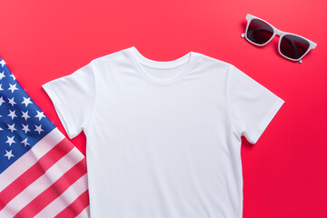 Wall Mural - T-shirt mock up. Fashion flat lay with 4th of July theme background


