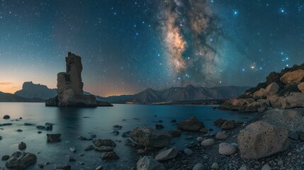 Wall Mural - A rocky beach view under the stars in Musairah Island.