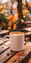 Close Up of Coffee Cup on Wooden Table at Outdoor Cafe