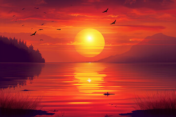 Wall Mural - Background with a sunset image. A beautiful background for a website, brochures, postcards. A vector image.


