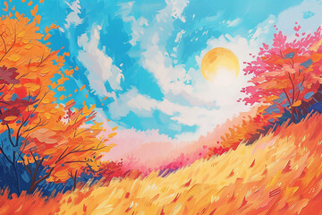 Bright gouache paint fall day pattern scenic view. Color hand drawn acrylic on paper canvas brushstroke card vintage design style. Fresh cool eco autumn season peace sun fluffy shape sunset wallpaper
