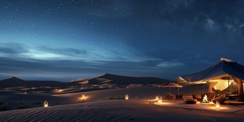 Wall Mural - Under a starry night, an elegant tent gleams amid the desert's vastness.