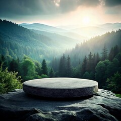 Stone podium on rock pedestal platform for product presentation display green forest and blue horizon on nature background