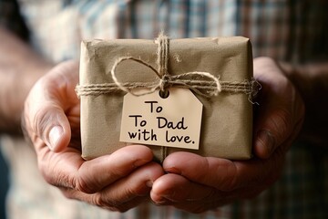 A closeup of a fathera??s hands holding a small, wrapped Father's Day gift with a tag that reads 