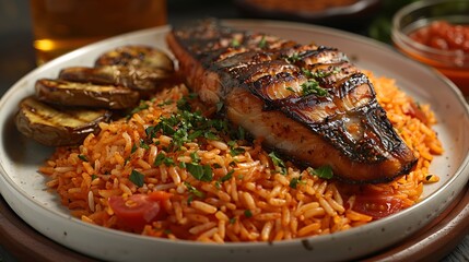 Wall Mural - A beautifully plated jollof rice dish, featuring rich, orange-colored rice cooked with tomatoes and spices, garnished with fresh herbs.