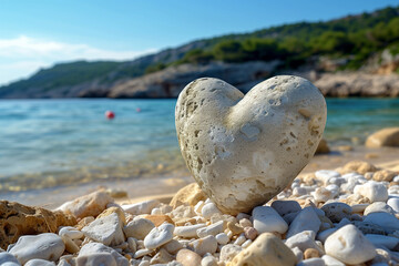 Wall Mural - Vacation summer holiday travel tropical ocean sea panorama - Close up of stone heart on stone beach, with ocean or lake landscape in the background closeup



