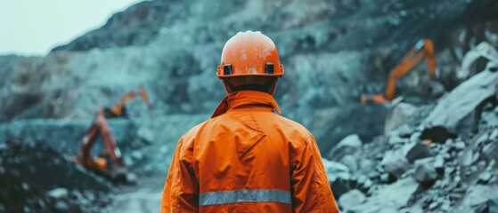 Wall Mural - A miner wearing an orange hard hat and protective workwear is standing in a mine.