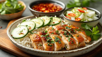 Wall Mural - A classic chicken rice meal, with tender poached chicken slices on fragrant oily rice, garnished with fresh cilantro and cucumber slices.