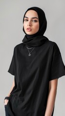 Poster - Young Muslim hijab woman wearing black casual t-shirt. Side, back and front view mockup template for printed t-shirt design mockup