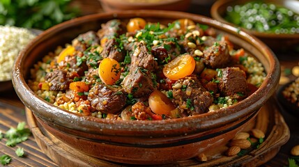 Wall Mural - A classic lamb tagine meal, with tender lamb, apricots, almonds, and a rich spiced sauce, garnished with fresh cilantro.