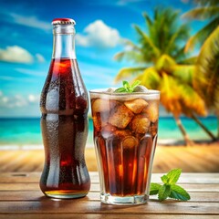 Soda bottle and glass on tropical beach - A refreshing soda bottle next to a glass with ice and mint on a wooden table against a tropical beach backdrop