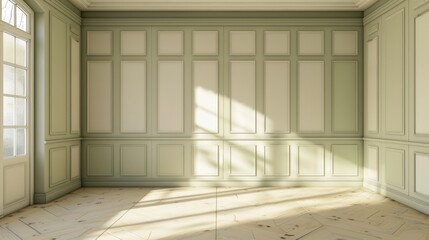 Sticker - A vacant room with cream and green walls featuring a four part fitted closet with pale wood panels