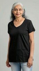 Wall Mural - senior indian woman wearing black t-shirt. Side view, back and front view mockup template