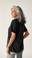 Wall Mural - senior indian woman wearing black t-shirt. Side view, back and front view mockup template