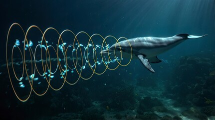 Poster - a dolphin and some circles on the bottom of water surrounded by blue bubbles