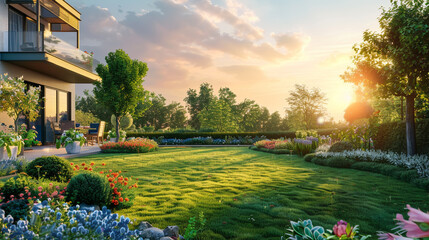 Wall Mural - Beautiful summer garden with lawn, flowers and trees in front of the house at sunset