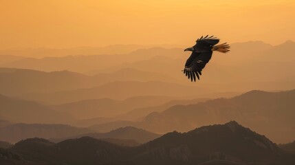 Wall Mural - A solitary eagle soars over a mountain range at dawn, showcasing nature's grandeur and sky's freedom.