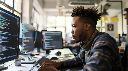 An individual with autism codes a sophisticated program at a modern tech office, showcasing remarkable skill.