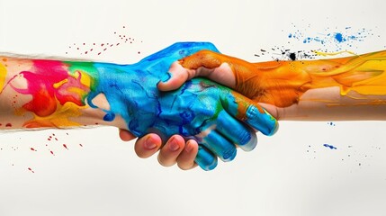 The image conveys a powerful message of unity and teamwork through the vibrant colors and the act of shaking hands.