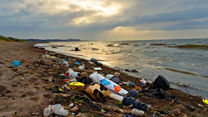 Wall Mural - A sandy beach littered with trash and debris, with the ocean waves crashing in the background at sunset