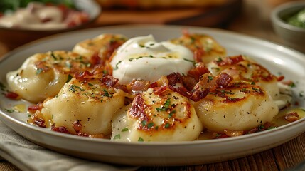 Wall Mural - A plate of pierogi with golden-brown dumplings filled with potatoes and cheese, garnished with sautéed onions and crispy bacon bits.