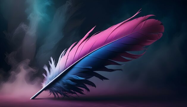 A vibrant, multicolored feather against a dark background, with shades of pink, blue, and purple creating a striking and ethereal appearance