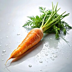 A bunch of fresh orange carrots lie on a rustic wooden table