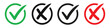 © Rajob - check mark icon button set. check box icon with right and wrong buttons and yes or no check-mark icons in green tick box and red cross.