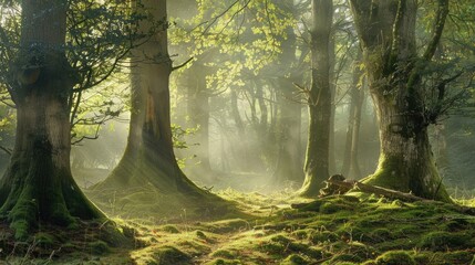 Sticker - Ancient woodland with trees draped in moss and sunlight filtering through gentle aged appearance