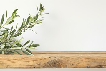 Wall Mural - Empty wooden table top with an olive branch on a white background for product display, presentation or packaging design mockup. Mock up template