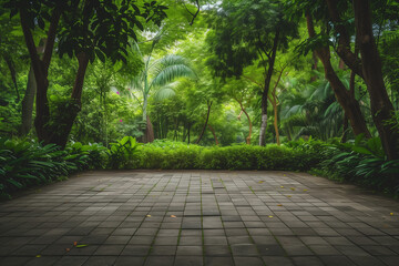 Canvas Print - an empty square floor surrounded by lush greenery, capturing the serene natural scenery of a city park



