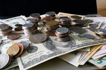 Wall Mural - View of the various coins on the various banknotes