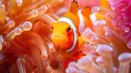 Wall Mural - a clown fish peering into the camera on anemone