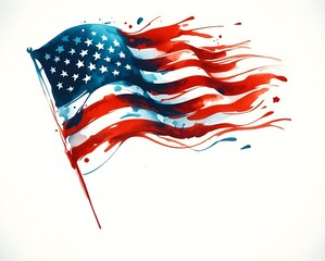 Watercolor illustration for independence day with american flag waving in wind.