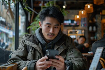 Poster - Man sitting at table looking at cell phone