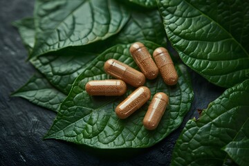 A bunch of pills sitting on top of a leaf