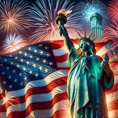 Wall Mural - Independence day background with usa flag with statue of liberty and fireworks.