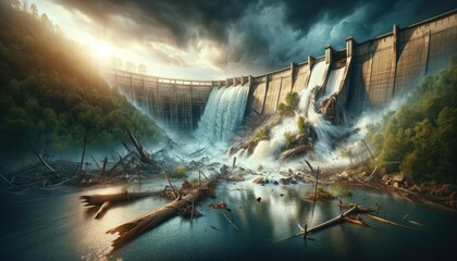 Sticker - Majestic Dam Overflowing with Water Amidst Lush Forest and Dramatic Sky, Capturing the Power of Nature and Engineering in a Stunning Landscape