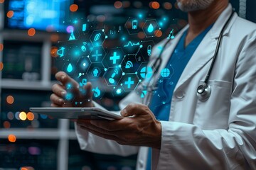 Male doctor using tablet with digital icons on screen
