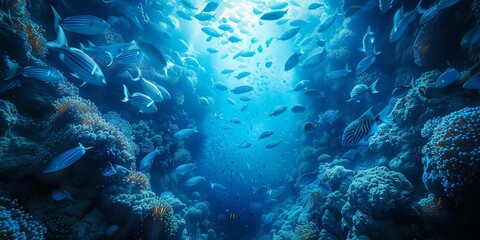 Wall Mural - Dazzling Display: School of Fish in Marine Blue Depths, generative ai