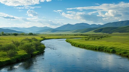 Wall Mural - Tranquil River Flowing Through Lush Valley with Mountain Backdrop - Scenic Nature Landscape with Copy Space for Text