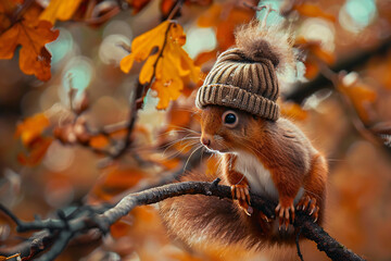 Wall Mural - A squirrel wearing a hat is sitting on a branch
