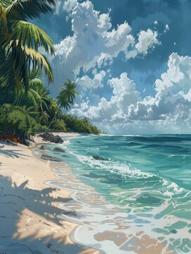 Tropical Beach Scene With Clear Blue Water And Palm Trees On A Sunny Day