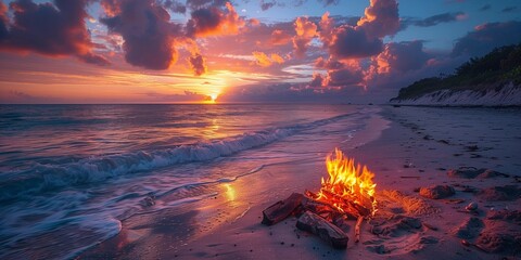 Sticker - Twilight Bonfire on Serene Beach, generative ai