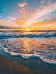 Wall Mural - Serene Sunset Scenery: Beautiful Beach View with Waves and Copyspace Sky