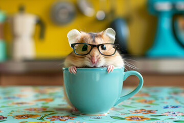 Wall Mural - A hamster wearing glasses is sitting in a cup
